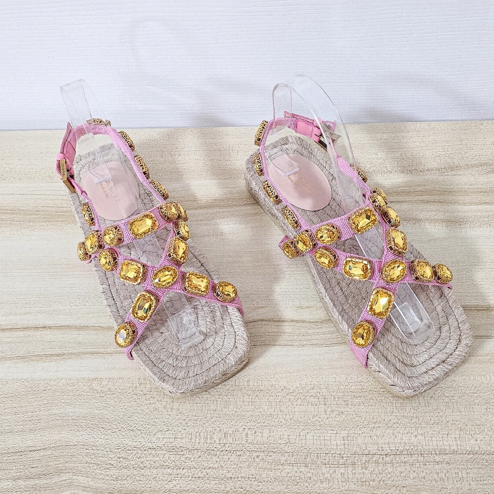 Gucci Crystal Embellished Espadrille Flat Sandals Size 36.5 - Picture 2 of 15